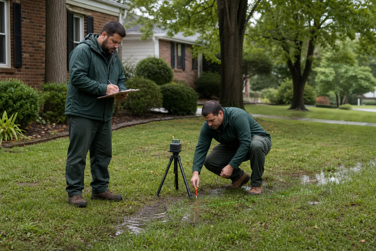 Drainage crew preparing a French drain trench