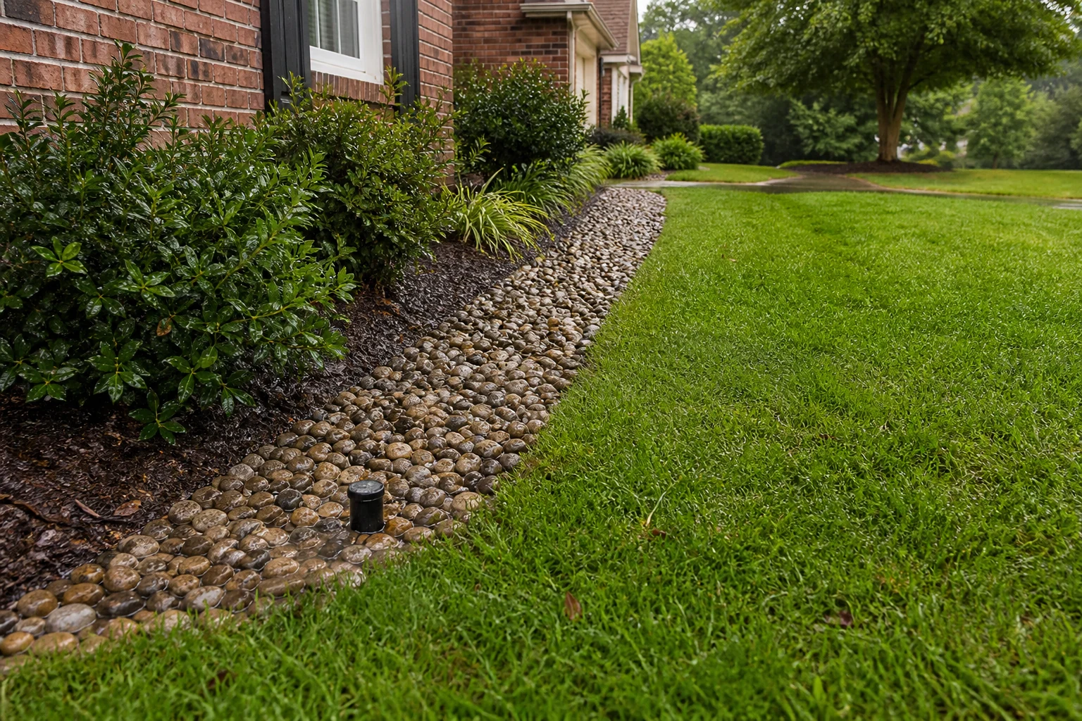 Finished landscaped drainage area beside a home
