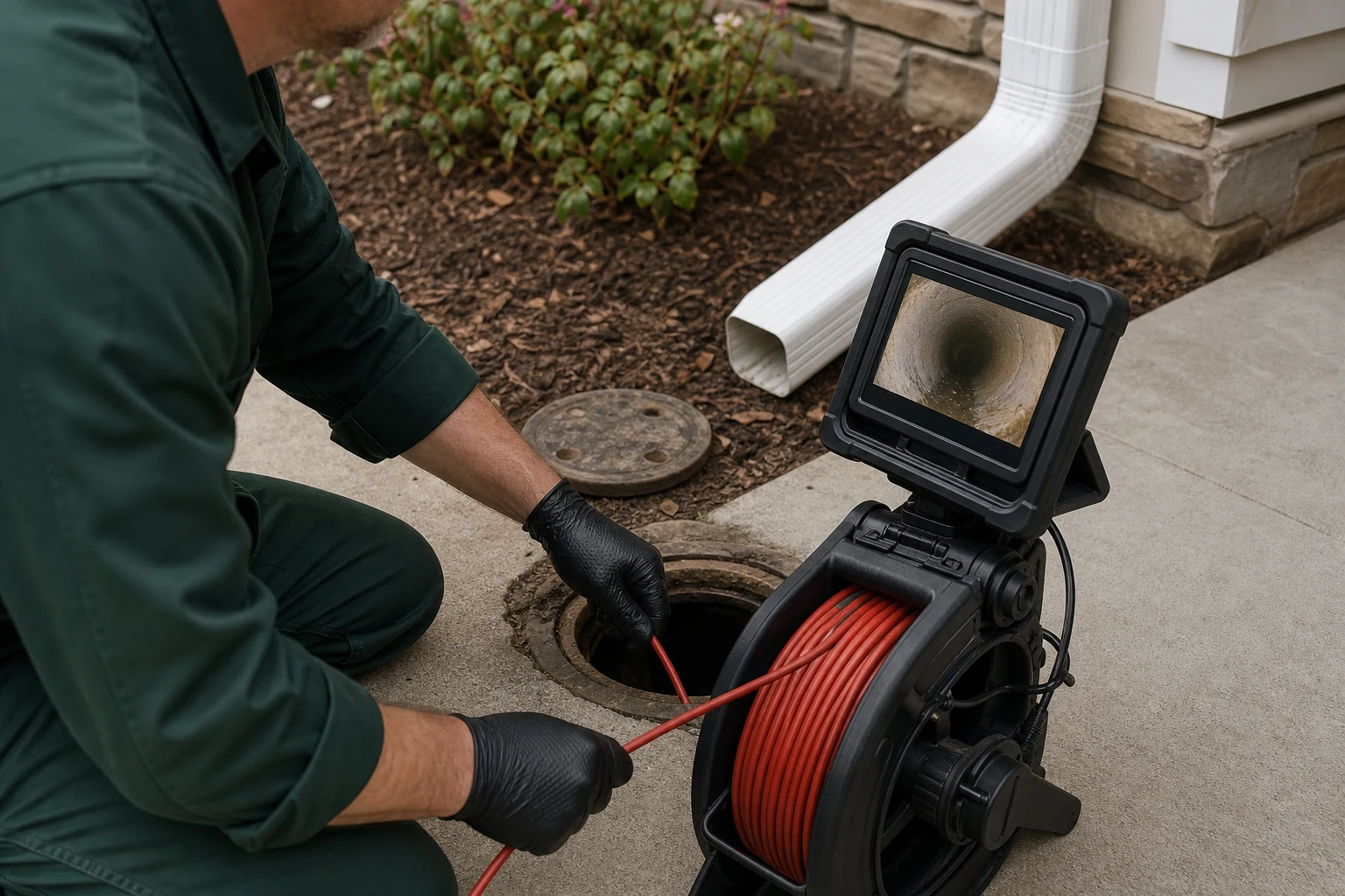 Drain inspection equipment being used near a home