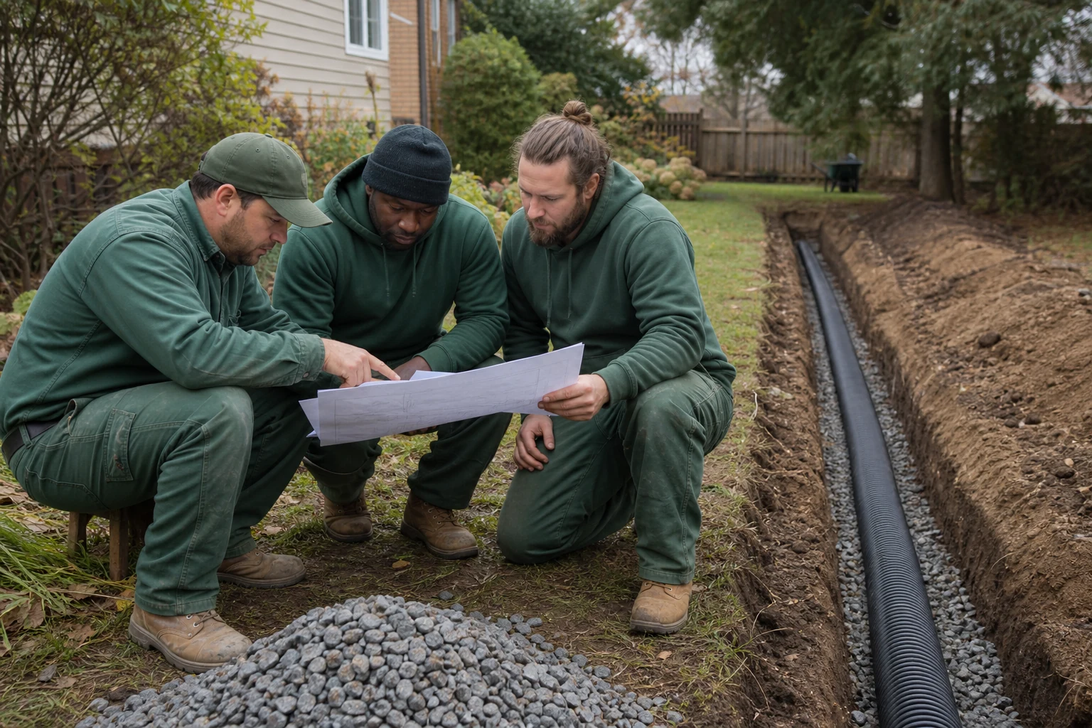 Drainage crew reviewing a trench installation plan