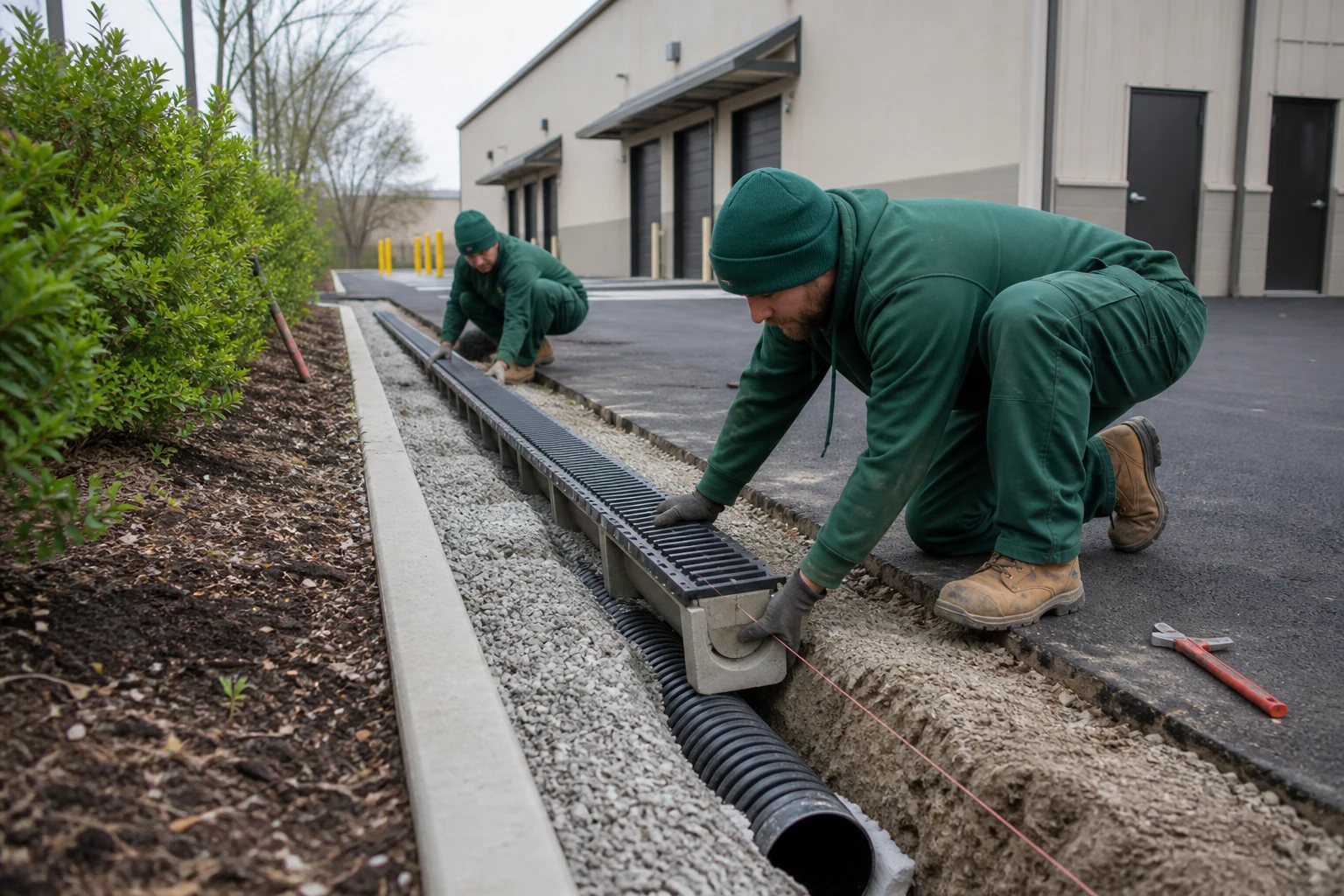 Commercial trench drainage installation near a parking area