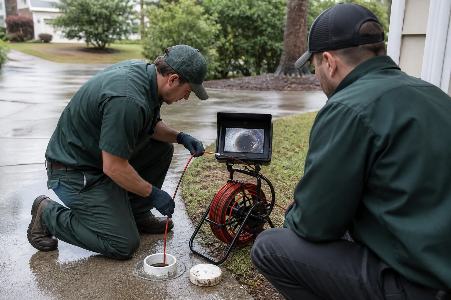Professional camera inspection of an outdoor drain line