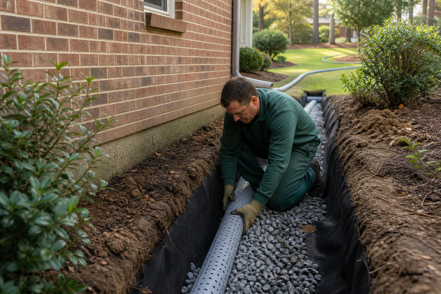 Exterior French drain installation beside a home foundation