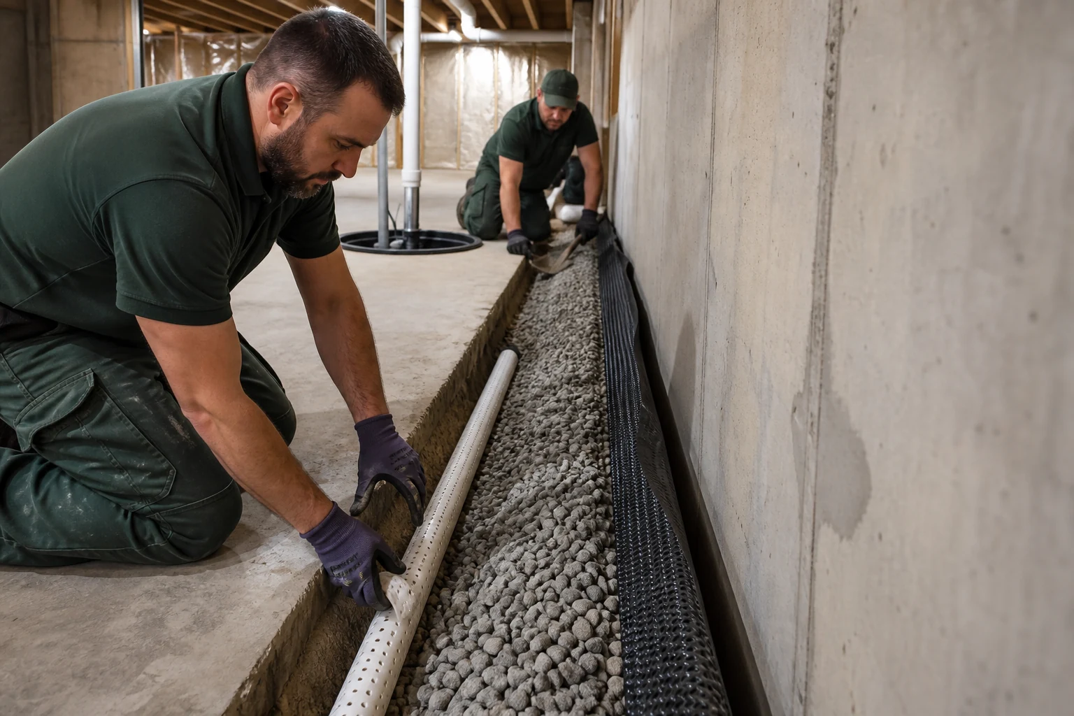 Interior perimeter French drain installation in a basement