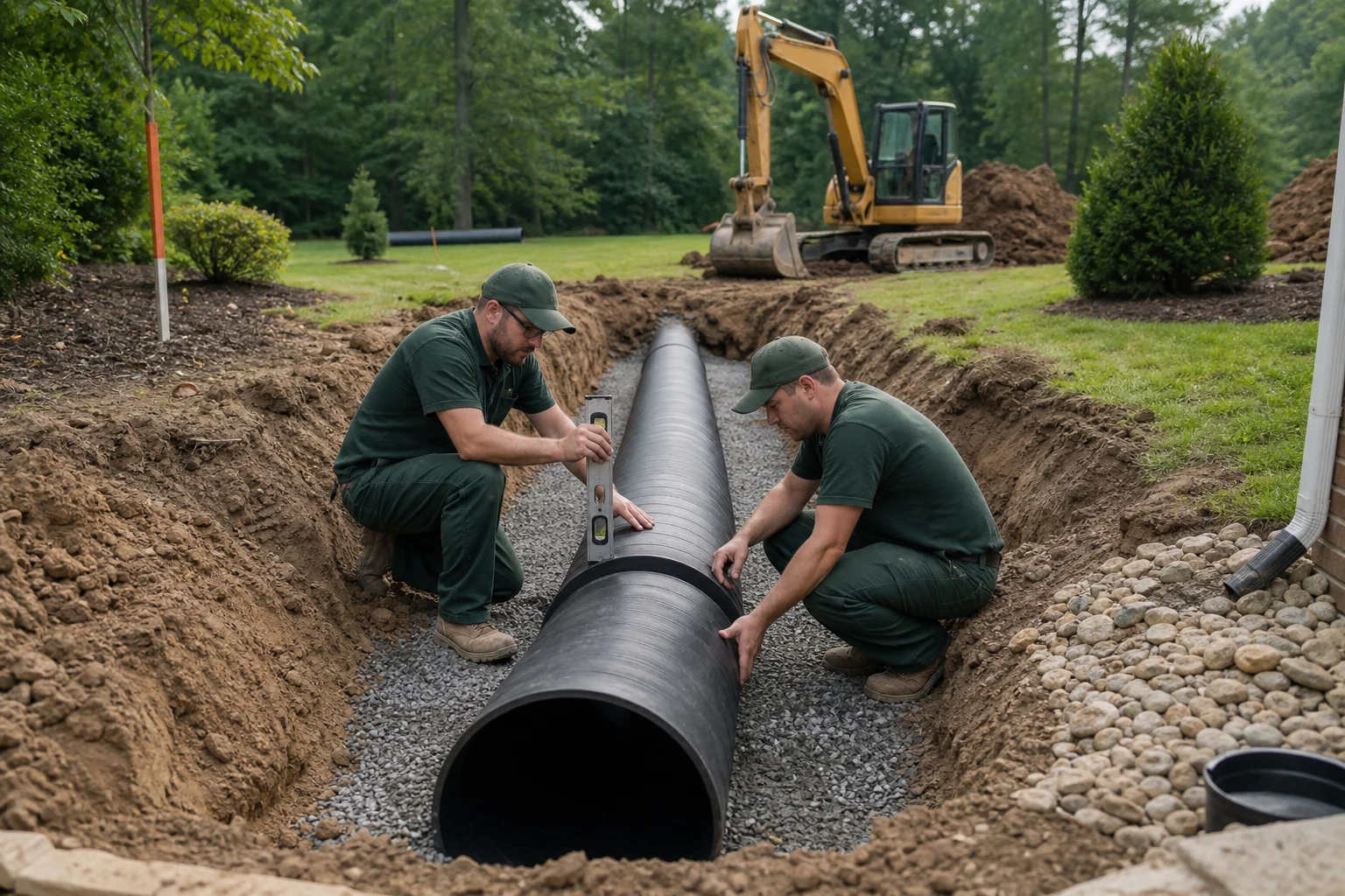 Large buried storm pipe being installed on a property