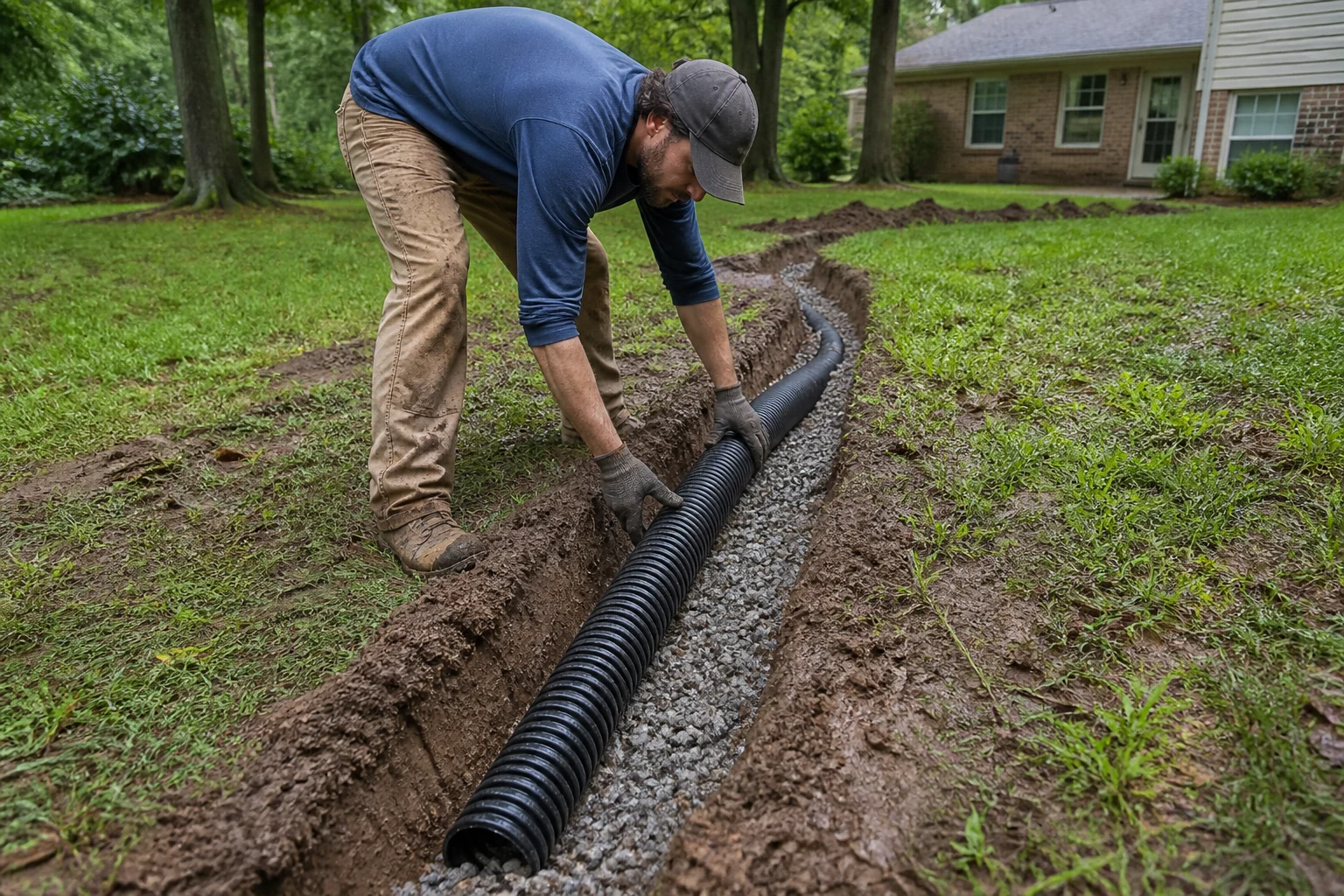 French drain trench being installed across a wet yard